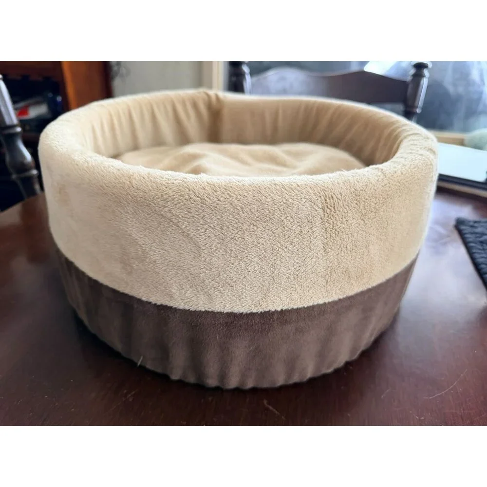 Plush Round Pet Bed For Cats Or Small Dogs Beige & Brown 12